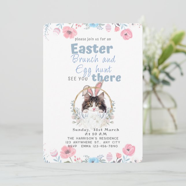 Invitación Pascua de conejito de gato blanco y negro lindo pe (Anverso de pie)