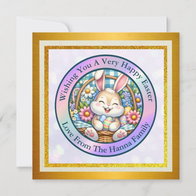 Invitación Pascua feliz con conejo, huevos y flores (Anverso)