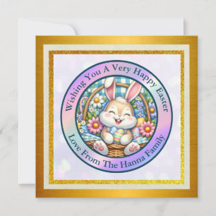 Invitación Pascua feliz con conejo, huevos y flores