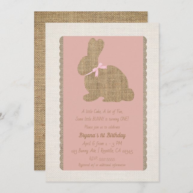 Invitación Pascua Rústica Rosa & Burlap Primera Cumpleaños (Anverso / Reverso)