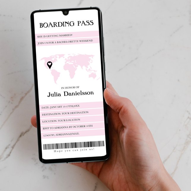 Invitación Pase de abordaje Bachillerato rosa Fin de Semana I (destination bachelorette weekend boarding pass invitation world map pink unique )