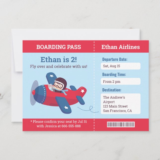Invitación Pase de Abordaje de Avión de Piloto Adorable Fiest (Anverso)