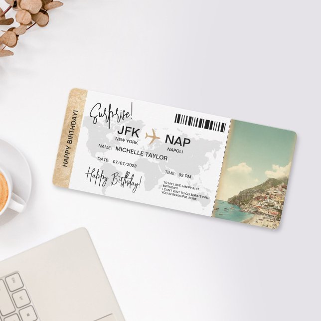 Invitación Pase de Abordaje de Cumpleaños Sorpresa Boleto de  (SURPRISE BIRTHDAY TRIP POSITANO ITALY)