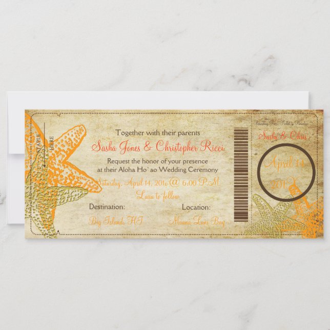 Invitación Pase de abordaje de PixDezines+Playa+Naranja Starf (Anverso)