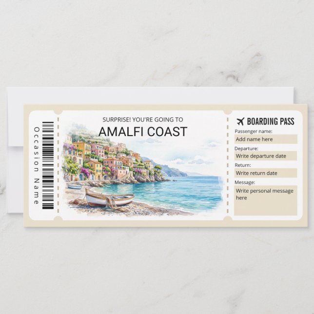 Invitación Pase de Abordaje de Viaje Editable a la Costa Amal (Anverso)
