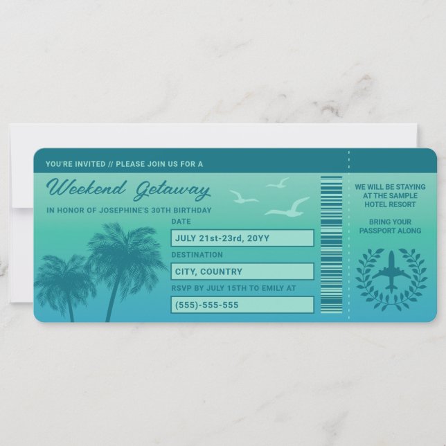 Invitación Pase de Abordaje Falso Tropical Azul Aqua Cumpleañ (Anverso)