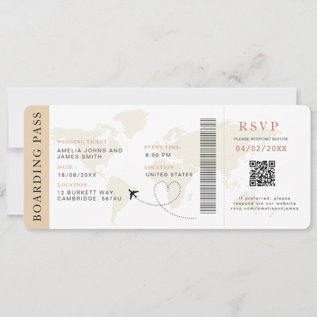 Invitación Pase de abordaje neutro Boda de destino Código QR (Anverso)