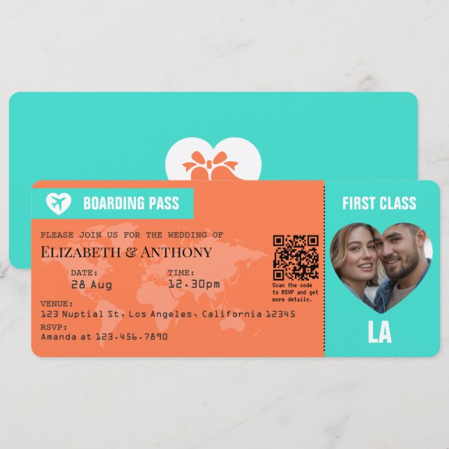 Invitación Pase de Abordaje Turquesa y Coral para Boda (Anverso / Reverso)