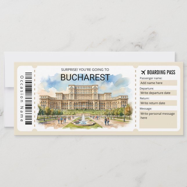 Invitación Pase de Abordar Avión Bucarest Editable Boleto (Anverso)