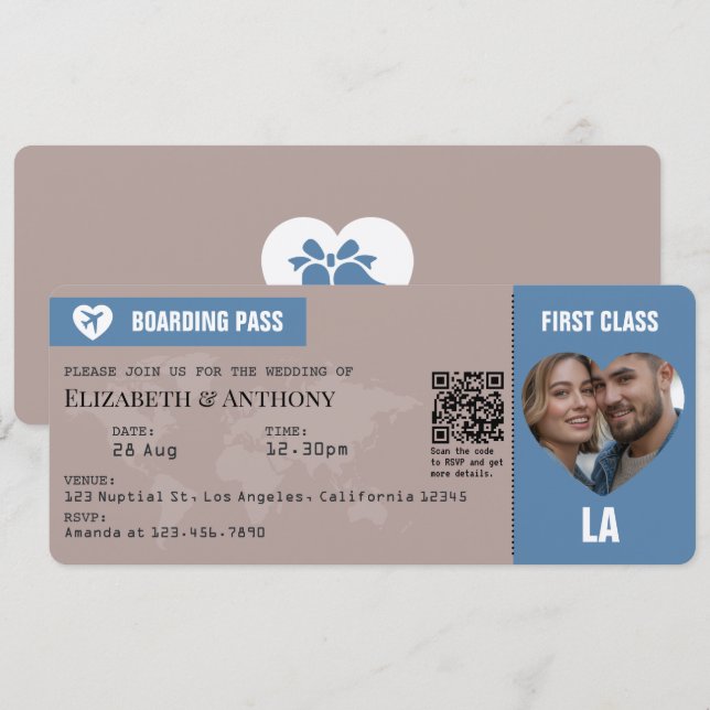 Invitación Pase de Abordar Azul Polvo y Taupe Cálido Boda (Anverso / Reverso)