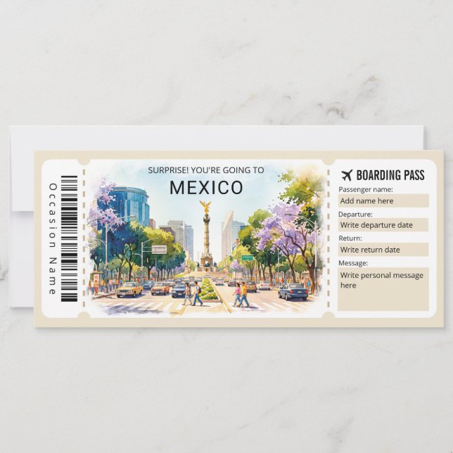 Invitación Pase de abordar billete de viaje a México (Anverso)