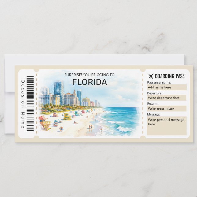 Invitación Pase de Abordar Boleto de Viaje a Florida (Anverso)