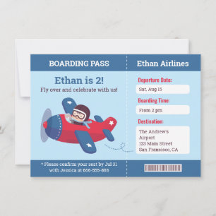 Invitación Pase de Abordar Cumpleaños Avión Piloto Azul Fiest