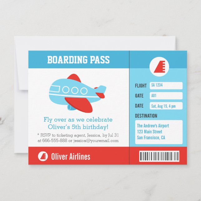 Invitación Pase de Abordar de Avión Azul Fiesta de Cumpleaños (Anverso)