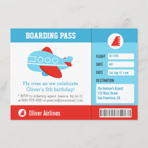 Invitación Pase de Abordar de Avión Azul Fiesta de Cumpleaños