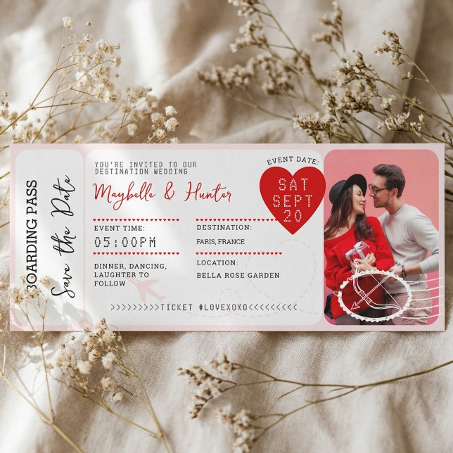 Invitación Pase de Abordar de Avión de San Valentín Save The  (Valentine Airplane Boarding Pass Save The Date Invitation)