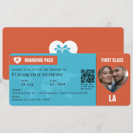 Invitación Pase de Abordar Naranja Quemado y Azul Aqua Boda