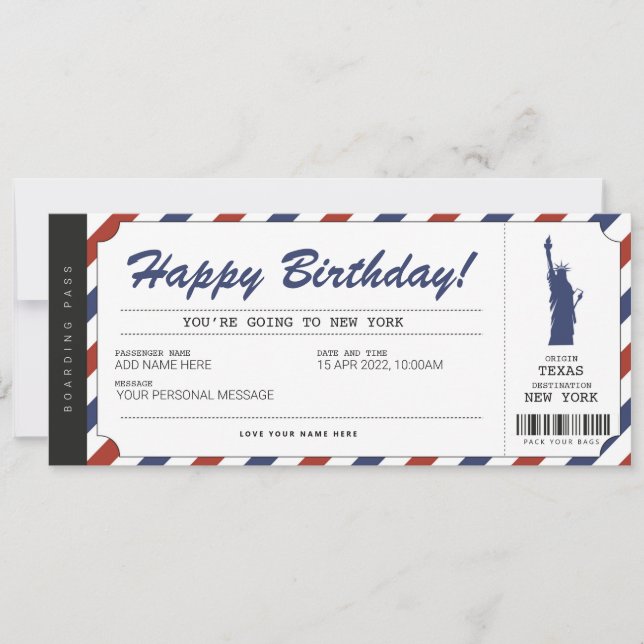 Invitación Pase de Abordar Pasaje de Viaje Sorpresa Nueva Yor (Anverso)