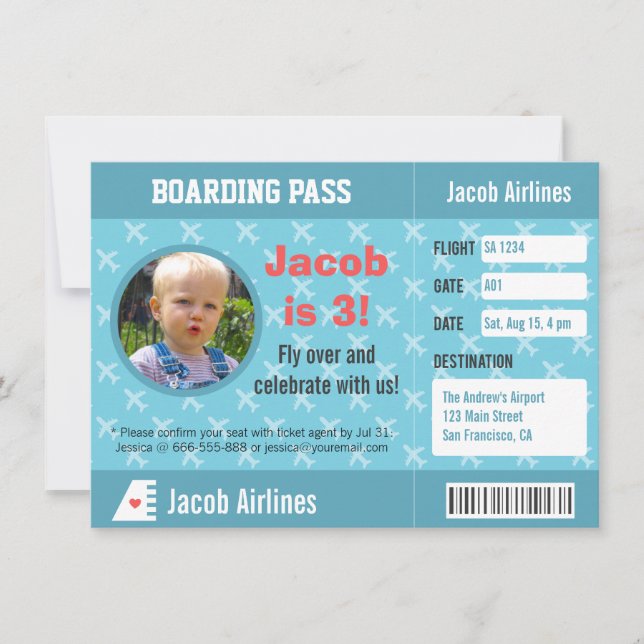 Invitación Pase de abordar patrón de avión Fiesta de cumpleañ (Anverso)
