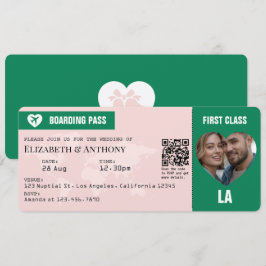Invitación Pase de Abordar Verde Esmeralda y Rosa Suave para