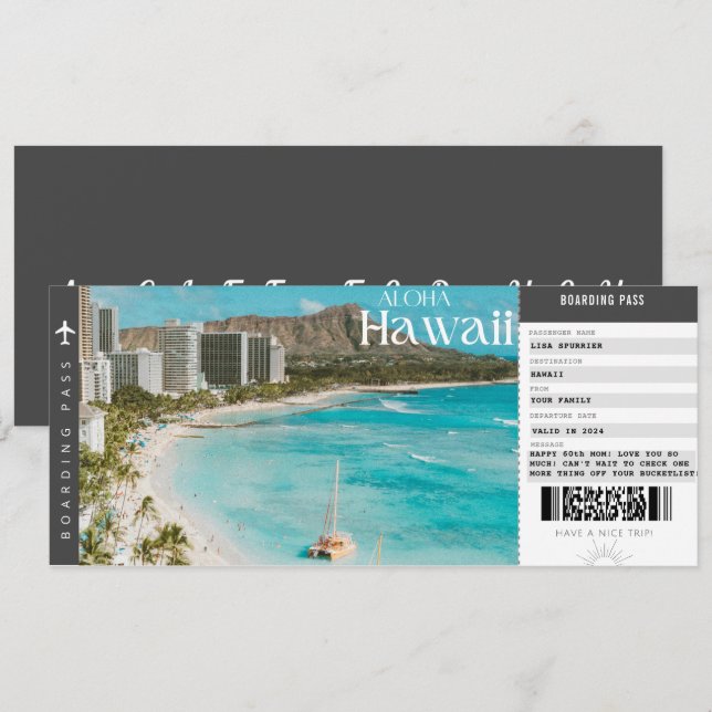 Invitación Pase de abordar viaje a Hawaii Viaje Vacaciones Bo (Anverso / Reverso)