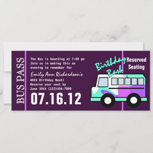 Invitación Pase de Autobús de Cumpleaños (Anverso)