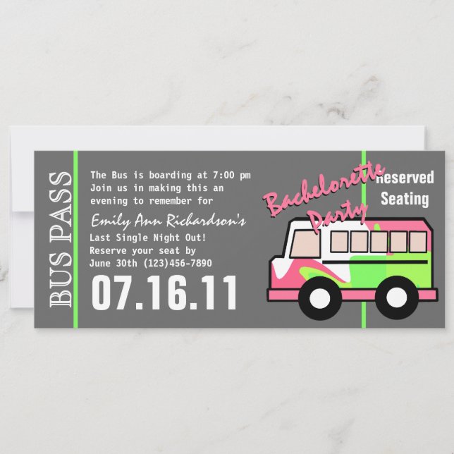 Invitación Pase de autobús para despedida de soltera (Anverso)