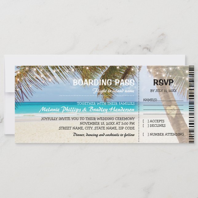 Invitación Pase de Embargue Boda en la Playa Tropical (Anverso)