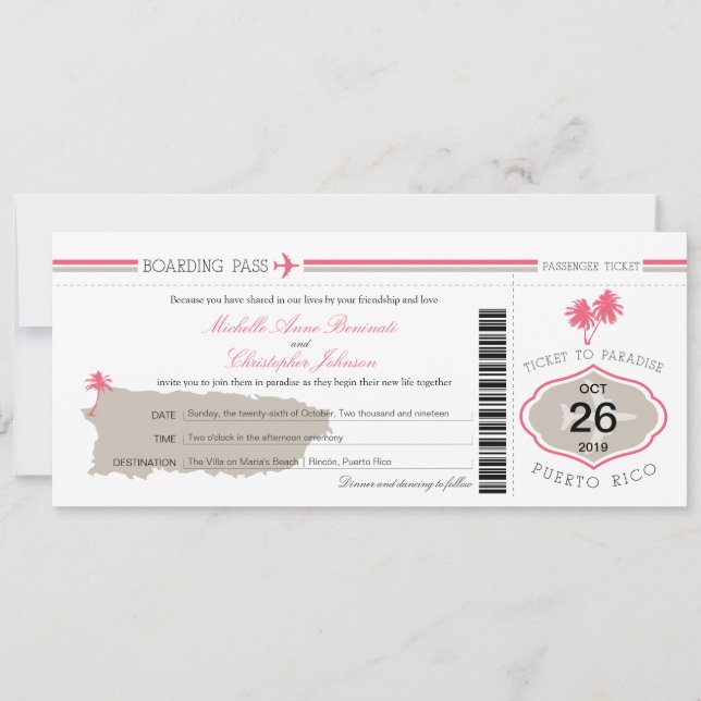 Invitación Pase de embarque al Boda de Puerto Rico (Anverso)