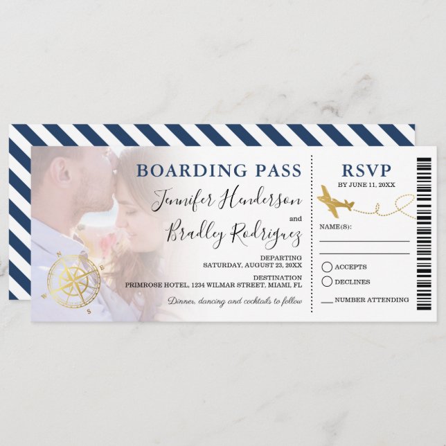 Invitación Pase de embarque azul | Foto de boda de destino (Anverso / Reverso)