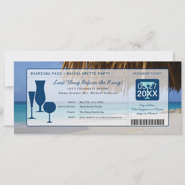 Invitación Pase de embarque de Beach Bachelorette Party (Anverso)