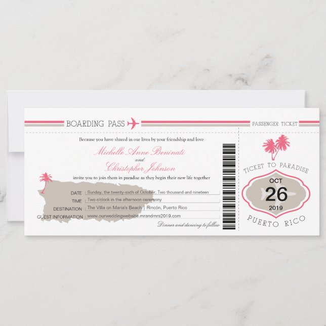Invitación Pase de embarque de Boda de árbol de palma de Puer (Anverso)