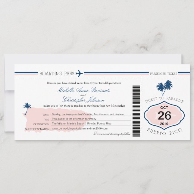Invitación Pase de embarque de Boda de árbol de palma de Puer (Anverso)