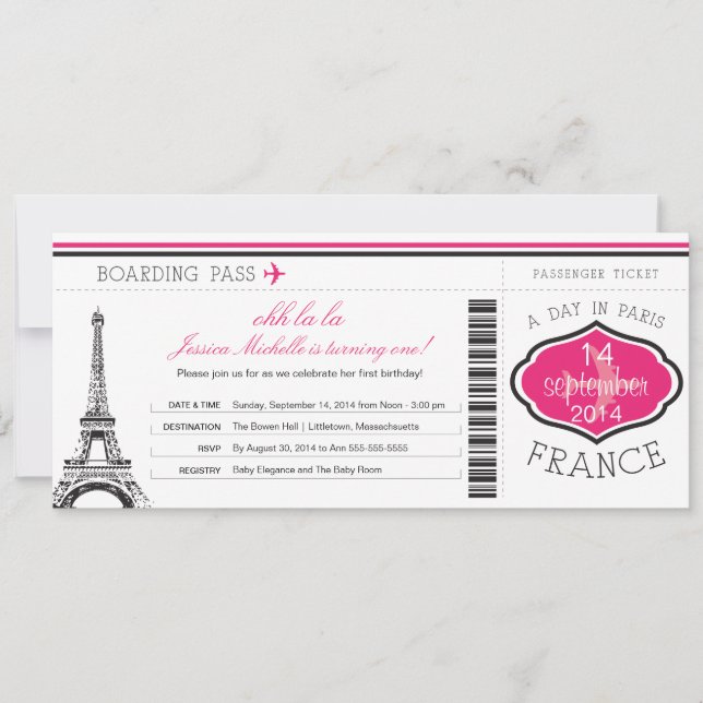 Invitación Pase de embarque de cumpleaños a París (Anverso)