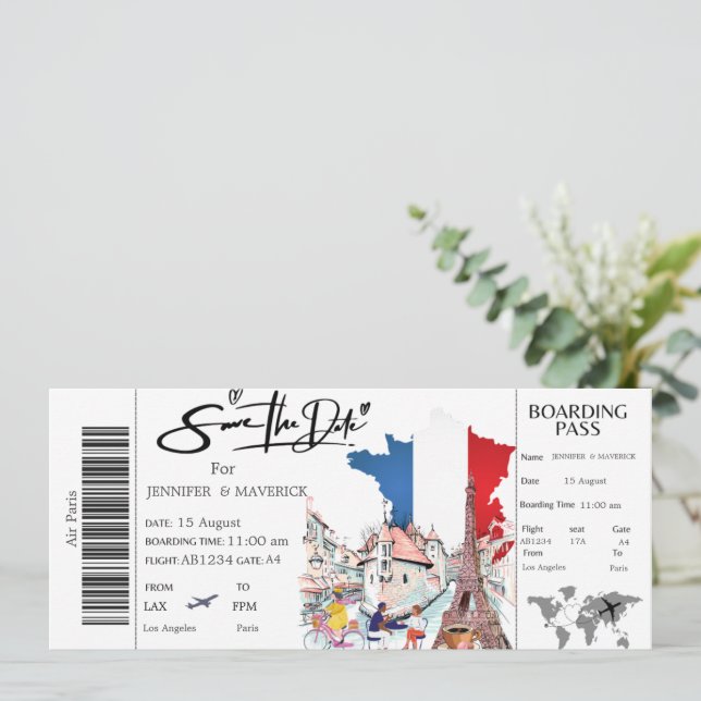 Invitación Pase de embarque de París Guardar la fecha ticket (Anverso de pie)