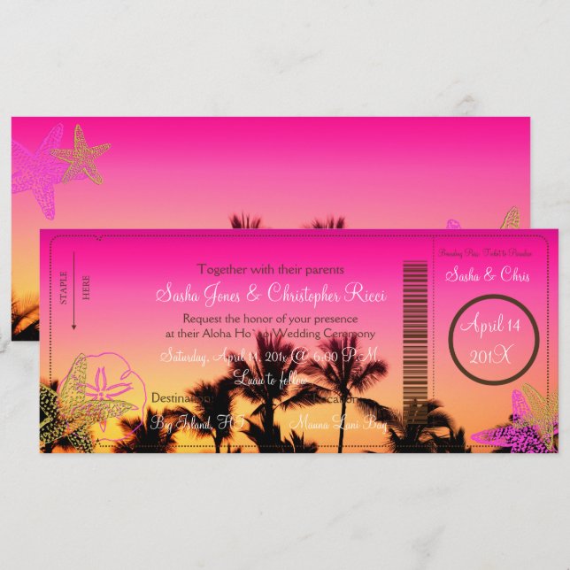 Invitación Pase de embarque de PixDezines+A de atardecer trop (Anverso / Reverso)