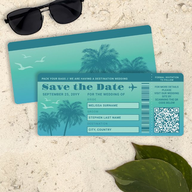 Invitación Pase de embarque falso de Aqua Blue Palms Save the (Subido por el creador)