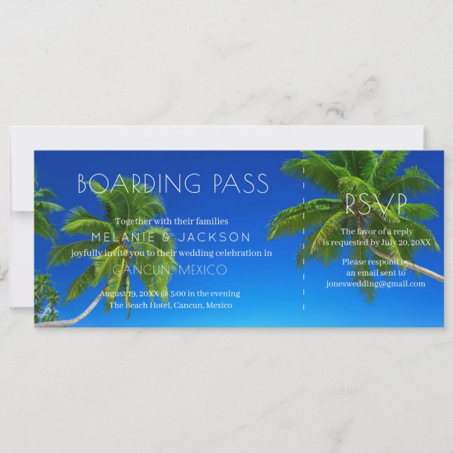 Invitación Pase de embarque para bodas en playa tropical (Anverso)