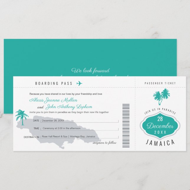 Invitación Pase de embarque Verde azulado gris a Boda de Jama (Anverso / Reverso)