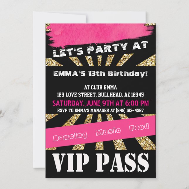 Invitación Pase VIP Chicas Fiesta de Baile Pijamada Adolescen (Anverso)