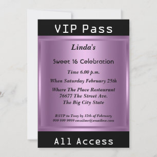 Invitación Pase VIP Cumpleaños Sweet 16 Fiesta Morado