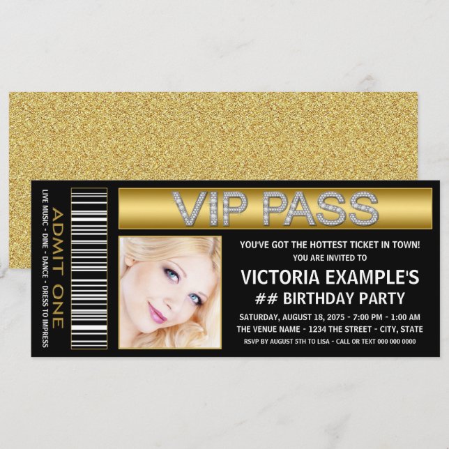 Invitación Pase VIP de cumpleaños de oro negro (Anverso / Reverso)