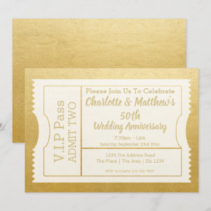 Invitación Pase VIP Entrada Aniversario 50 Falso Oro