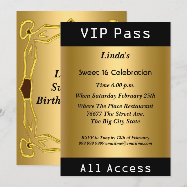 Invitación Pase VIP Fiesta Cumpleaños Sweet 16 Dorado (Anverso / Reverso)