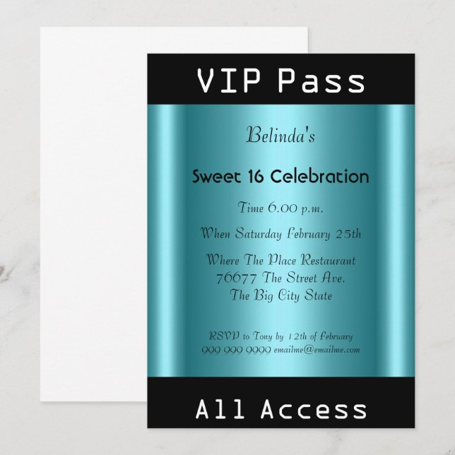 Invitación Pase VIP Fiesta Cumpleaños Sweet 16 Negro Teal (Anverso / Reverso)