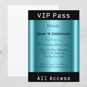 Invitación Pase VIP Fiesta Cumpleaños Sweet 16 Negro Teal