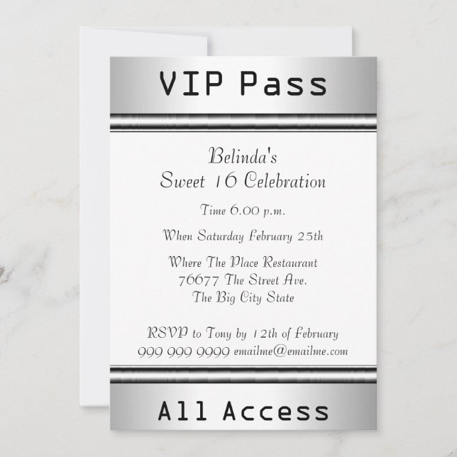 Invitación Pase VIP Fiesta de Cumpleaños Sweet 16 Blanco (Anverso)