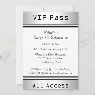 Invitación Pase VIP Fiesta de Cumpleaños Sweet 16 Blanco