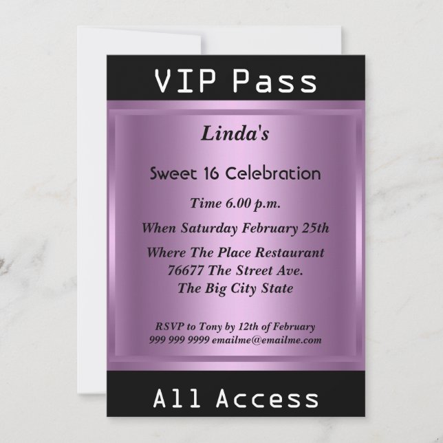 Invitación Pase VIP Fiesta de Cumpleaños Sweet 16 Morado (Anverso)
