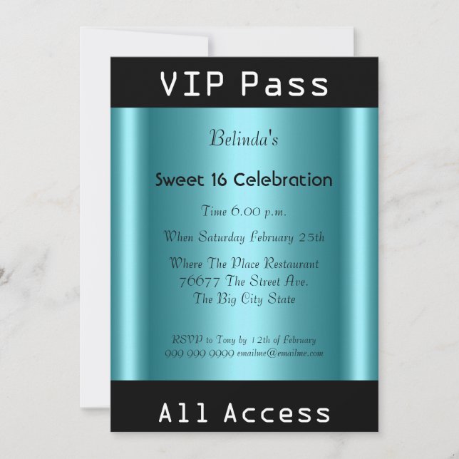Invitación Pase VIP Fiesta de Cumpleaños Sweet 16 Negro Azul  (Anverso)
